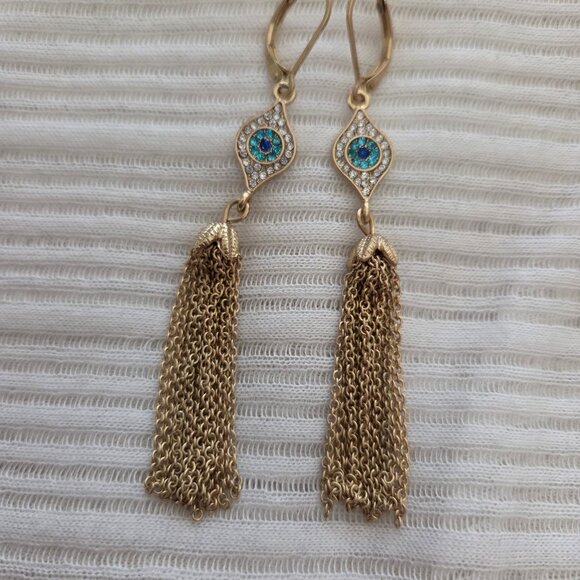 Rhinestone Evil Eye Tassel Earrings Matte Gold Tone Chains Leverback Dangle 3” - Picture 3 of 4